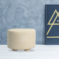 Fabric Ottoman Round Wooden Leg Foot Stool - BEIGE thumbnail