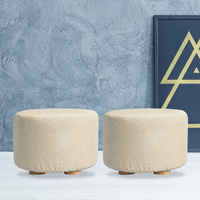 2X Fabric Ottoman Round Wooden Leg Foot Stool - BEIGE thumbnail