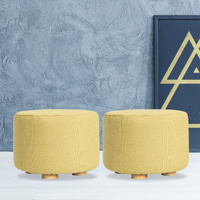 2X Fabric Ottoman Round Wooden Leg Foot Stool - Mustard Yellow thumbnail