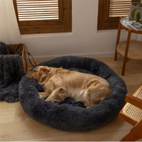 Dog Pet Cat Calming Bed Warm Plush Round  Nest Comfy Sleeping Bed Dark Grey 90cm thumbnail