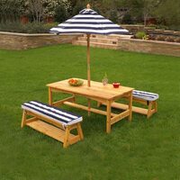 Outdoor Table & Bench Set with Cushions & Umbrella (Navy) thumbnail