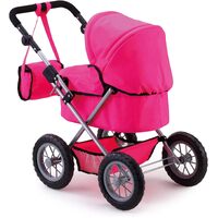 Foldable Dolls Pram with Height-Adjustable Handle and Shoulder Bag, Stable, Pink thumbnail