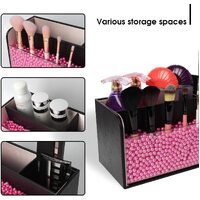 Leather Makeup Brush Cosmetic Organiser Storage Box with Pink Pearls, Acrylic Cover and 3 Compartments(Black) thumbnail