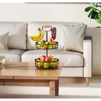 2-Tier Fruit Basket Bowl Storage with Wood Lift Handle and Dual Banana Tree Hanger for Kitchen Countertop thumbnail
