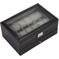Black Leather Watch Box Jewelry Display Case with Drawers (12 Slots with 2 Layers) thumbnail