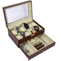 12 Slot PU Leather Lockable Watch and Jewelry Storage Boxes (Brown) thumbnail
