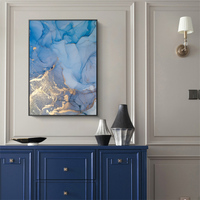 Wall Art 80cmx120cm Light Blue Marble With Gold Splash Black Frame Canvas thumbnail