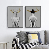 Wall Art 90cmx135cm Girl With Gold Horn 2 Sets Black Frame Canvas thumbnail