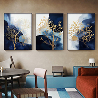 Wall Art 50cmx70cm Navy and Gold Watercolor Shapes 3 Sets Black Frame Canvas thumbnail