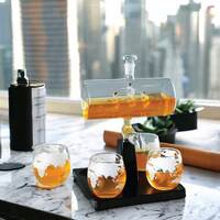 1L Whiskey or Wine Sailboat Glass Decanter Set - 4x Globe Glasses + Wooden Stand thumbnail