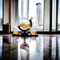 850ml Whiskey or Wine Globe Glass Decanter Set - 2x Glasses + Wooden Stand thumbnail