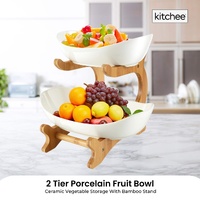 2 Tier Porcelain Fruit Bowl - Ceramic Vegetable Storage With Bamboo Stand thumbnail