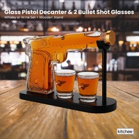 1.2L Whisky or Wine Decanter Glass Pistol Set - 2 Shot Glasses + Wooden Stand thumbnail