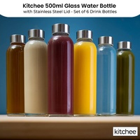 Kitchee 500ml Glass Water Bottle with Stainless Steel Lid - Set of 6 Drink Bottles thumbnail