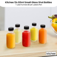 Kitchee 12x 60ml Small Glass Bottles + Lids Funnels Brush Labels Pen thumbnail