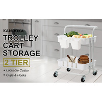 Trolley Cart Storage Utility Rack Shelf Organiser Swivel Kitchen 2 Tier WHITE thumbnail