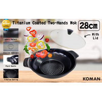 KOMAN Shinewon Two Hands Wok 28cm Ceramic Non-stick Titanium + Glass Lid - BLACK thumbnail