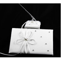 White Wedding Guest Book Register with Silver Pen Matching Stand Set 36 Lined Pages - White Ribbon and Diamante Bow Cover thumbnail