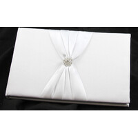 White Wedding Guest Book Register with Silver Pen Matching Stand Set 36 Lined Pages - White Sach Diamante Cover thumbnail