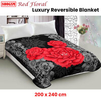 800GSM Luxury Reversible Mink Blanket Red Floral Queen 200 x 240 cm thumbnail