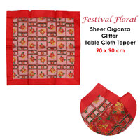 Christmas Red Festival Floral Sheer Organza Glitter Table Cloth Topper 90 x 90 cm thumbnail