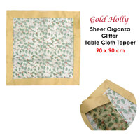 Christmas Gold Holly Sheer Organza Glitter Table Cloth Topper 90 x 90 cm thumbnail
