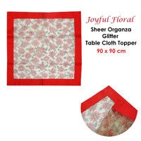 Christmas Red Joyful Floral Sheer Organza Glitter Table Cloth Topper 90 x 90 cm thumbnail