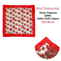 Christmas Red Poinsettia Sheer Organza Glitter Table Cloth Topper 90 x 90 cm thumbnail