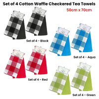 Set of 4 Cotton Waffle Checkered & Plain Dyed Tea Towels 50cm x 70cm Red thumbnail
