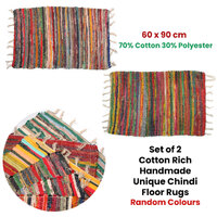 Set of 2 Random Colour Hand Made Cotton Rich Chindi Floor Rugs 60 x 90 cm thumbnail