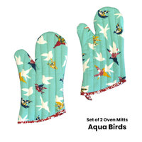 Set of 2 100% Cotton Printed Oven Mitts 34 x 15 cm Aqua Birds thumbnail