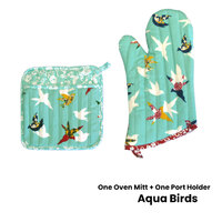 Set of 100% Cotton Printed Oven Mitt + Pot Holder Aqua Birds thumbnail