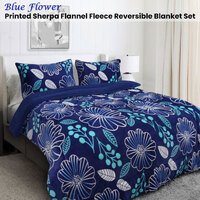 Ramesses Blue Flower Printed Sherpa Flannel Fleece Reversible Blanket Set Queen/King thumbnail