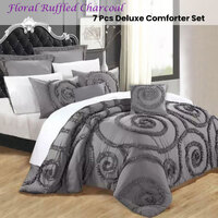Ramesses Floral Ruffled Charcoal 7 Pcs Deluxe Comforter Set Queen thumbnail