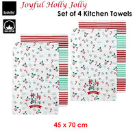Ladelle Joyful Holly Jolly Christmas Set of 4 Cotton Kitchen Towels 45 x 70 cm thumbnail