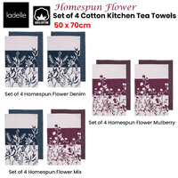 Ladelle Set of 4 Homespun Flower Cotton Kitchen Tea Towels 50 x 70 cm Denim thumbnail
