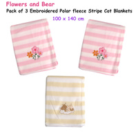 Living Home for Baby Girls Flowers and Bear Pack of 3 Embroidered Polar fleece Stripe Cot Blankets 100 x 140cm thumbnail