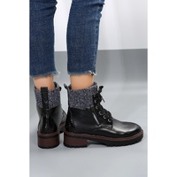 Black Knitted Patched Lace-up Heeled Ankle Boots - 40 EU thumbnail