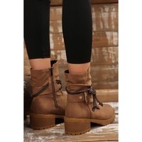 Chestnut Suede Woven Lace-up Strap Side Zip Boots - 37 EU thumbnail