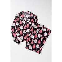 Black Christmas Santa Printed Two Piece Pajamas Set - S thumbnail