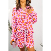 Pink Leopard Print Long Sleeve Shirt and Shorts Pajama Set - M thumbnail