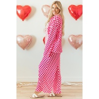 Pink Checkered Buttoned Shirt and High Waist Pants Pajama Set - S thumbnail