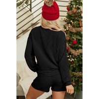 Black Corded MERRY Graphic Long Sleeve Top and Shorts Set - M thumbnail