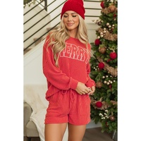 Racing Red Corded MERRY Graphic Long Sleeve Top and Shorts Set - S thumbnail