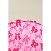Pink Bow Knot Print Lapel Collar Short Sleeve and Pants Pajamas Set - L thumbnail