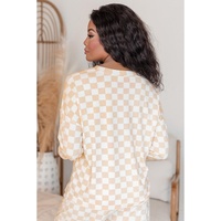 Beige Checkered Print Long Sleeve Top and Pants Lounge Set - L thumbnail