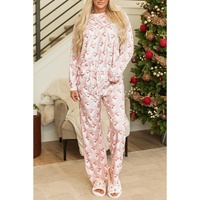 Pink Santa Claus Striped Print Loose Fit Two Piece Lounge Set - 2XL thumbnail