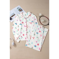White Christmas Print Lapel Shirt and Pants Sleepwear - L thumbnail