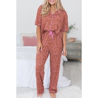 Brown Leopard Print Short Sleeve Shirt and Pants Pajamas Set - XL thumbnail