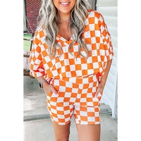 Orange Checkerboard Print V Neck Loose Tee and Shorts Lounge Set - L thumbnail